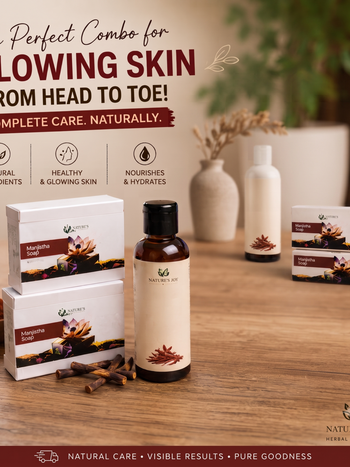 Nature’s Joy Manjistha Glow Trio: Includes 2 Manjistha Soaps and 1 Manjistha Face & Body Oil